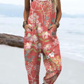 Women's  Vintage Flowers Art Print Casual 100% Cotton Wide Leg Jumpsuit