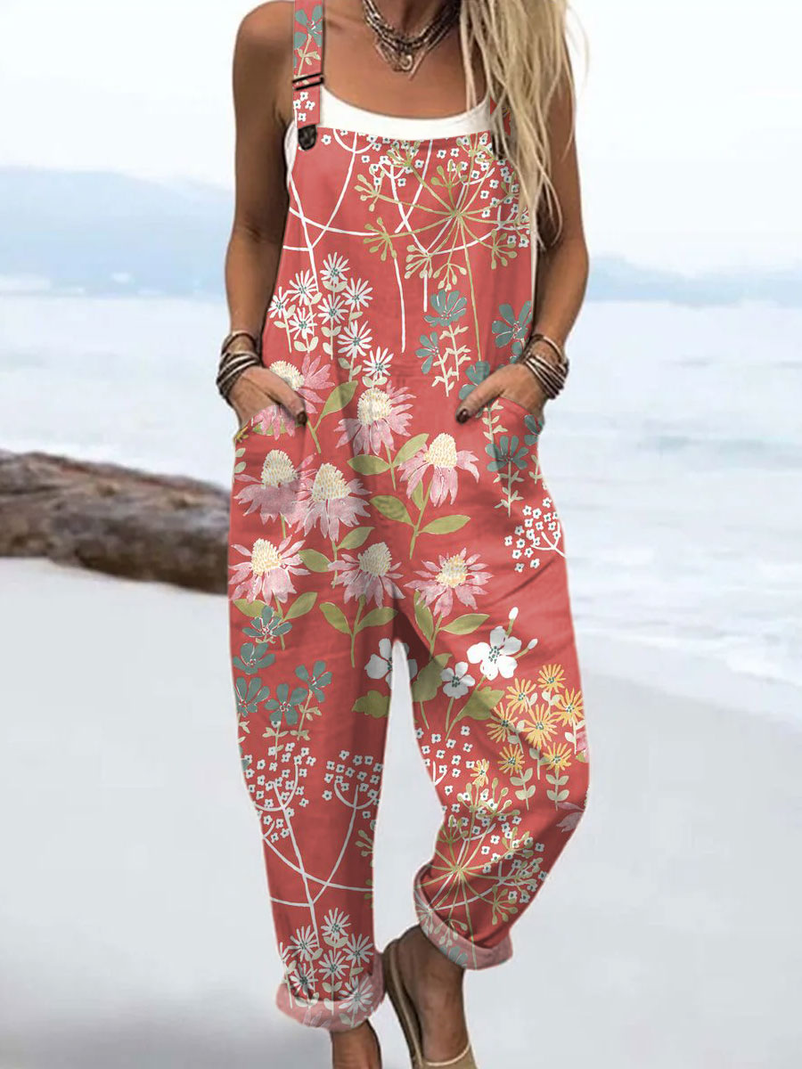 Women's  Vintage Flowers Art Print Casual 100% Cotton Wide Leg Jumpsuit