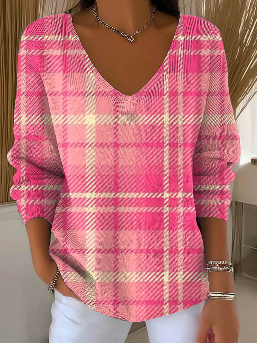 womens-pink-plaid-pattern-art-print-casual-pullover-sweater