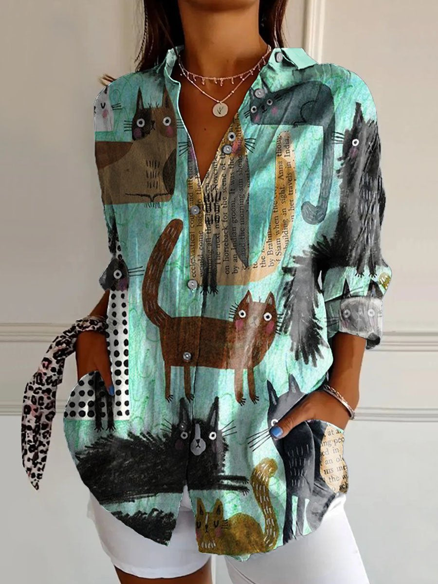 Women's Vintage Lovely Cats Art Print Casual Cotton Shirt