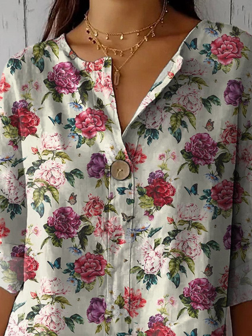 Vintage Style Peony And Butterfly Pattern Printed Women's Casual Cotton Linen Shirt
