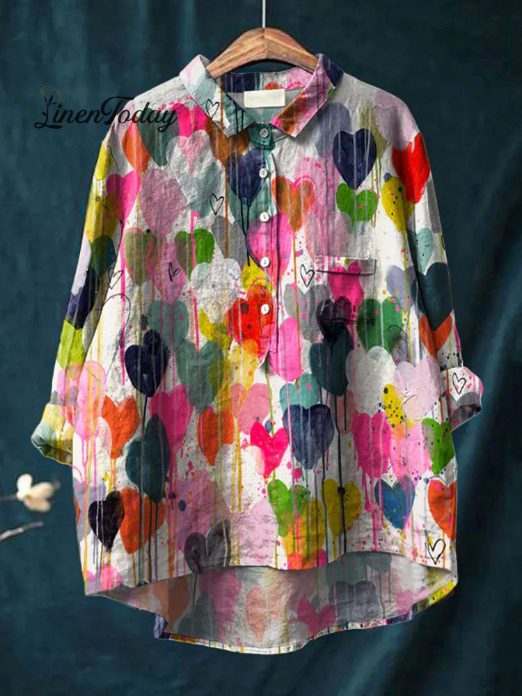 Women's Vintage Loving Heart Art Print Casual Cotton And Linen Shirt