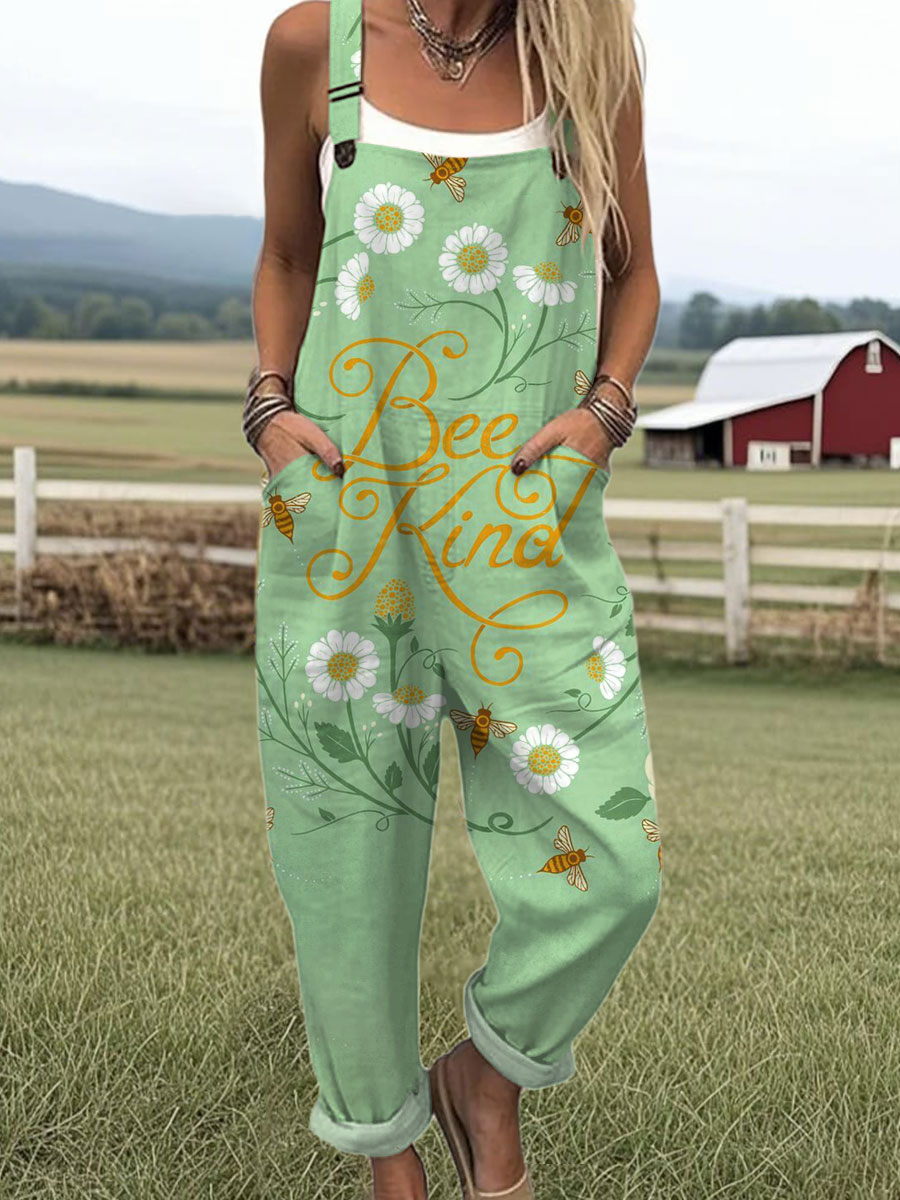 Women's Funny Bee Art Print Casual 100% Cotton Wide Leg Jumpsuit