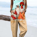 Women's Funny Chicken Pattern Art Print Casual 100% Cotton Wide Leg Jumpsuit