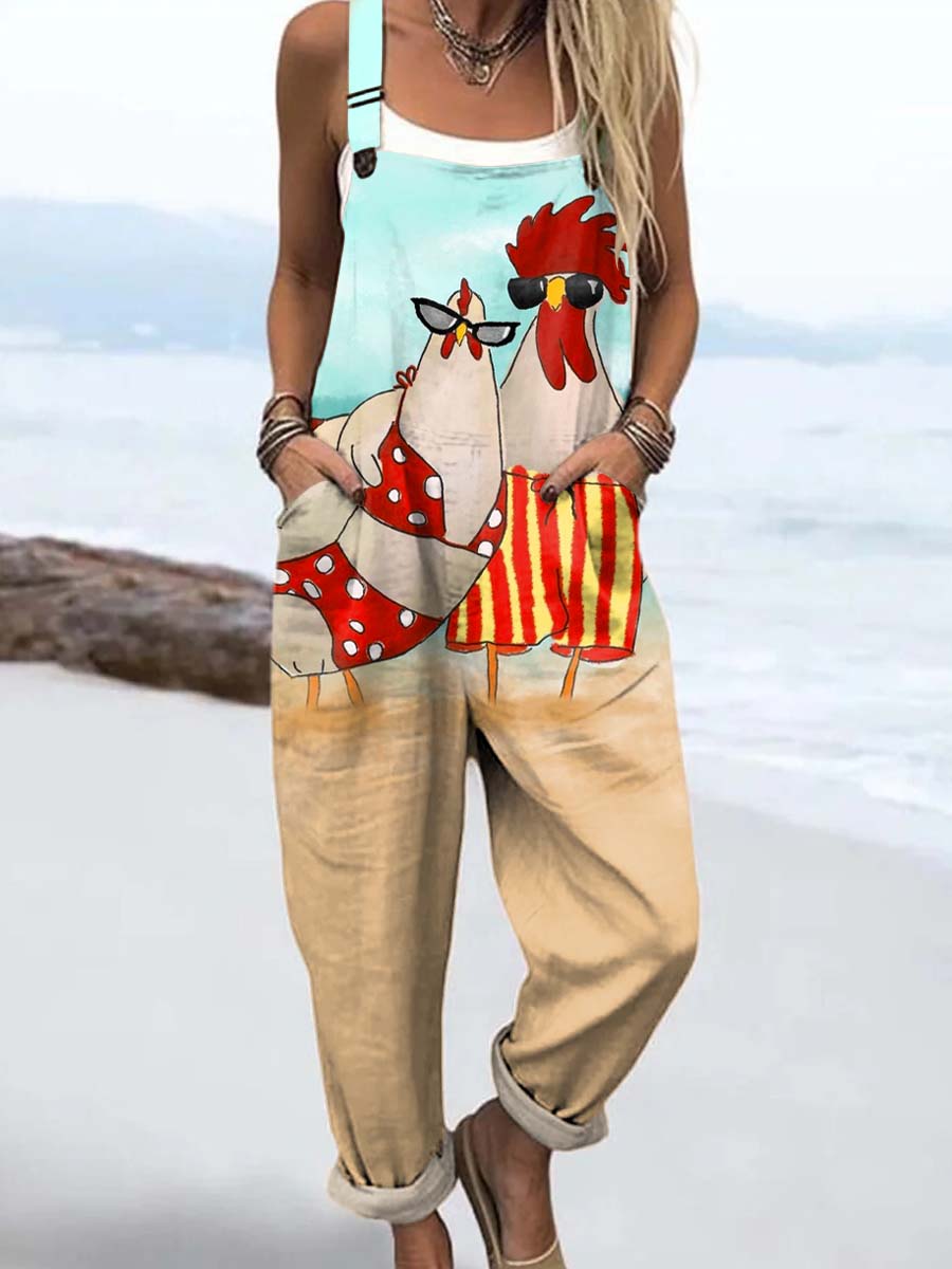 Women's Funny Chicken Pattern Art Print Casual 100% Cotton Wide Leg Jumpsuit