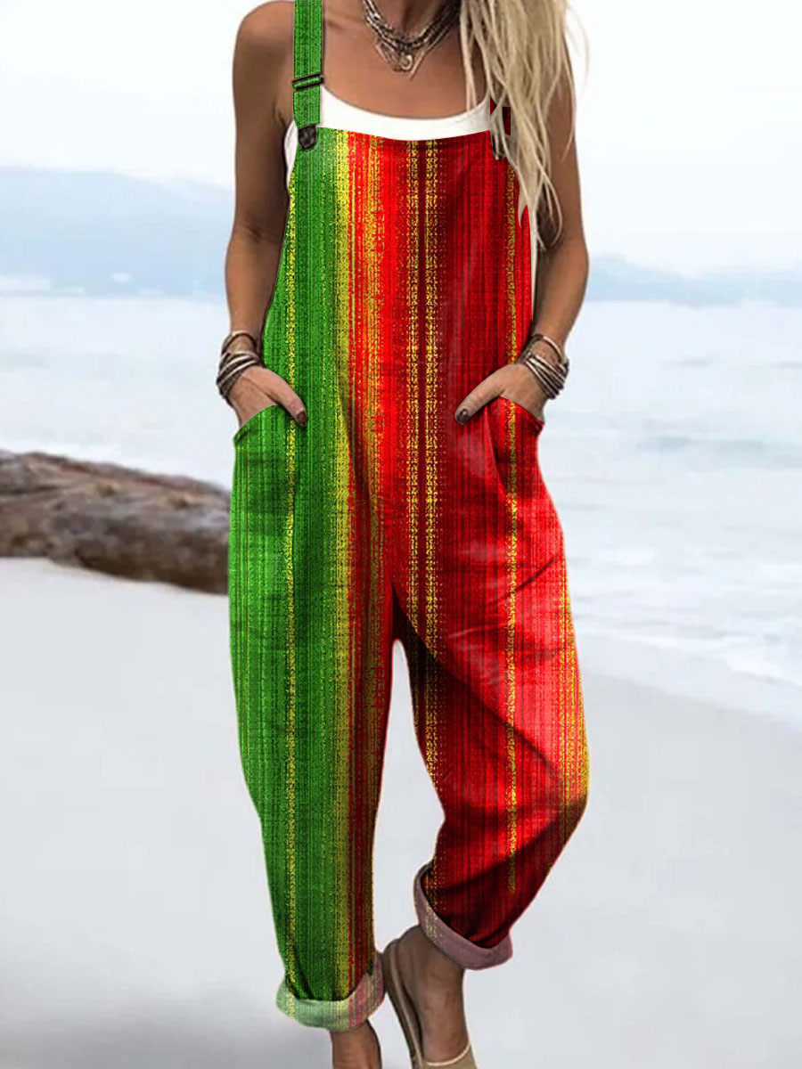 Women's Vintage Abstract Geometric Art Print Casual 100% Cotton Wide Leg Jumpsuit