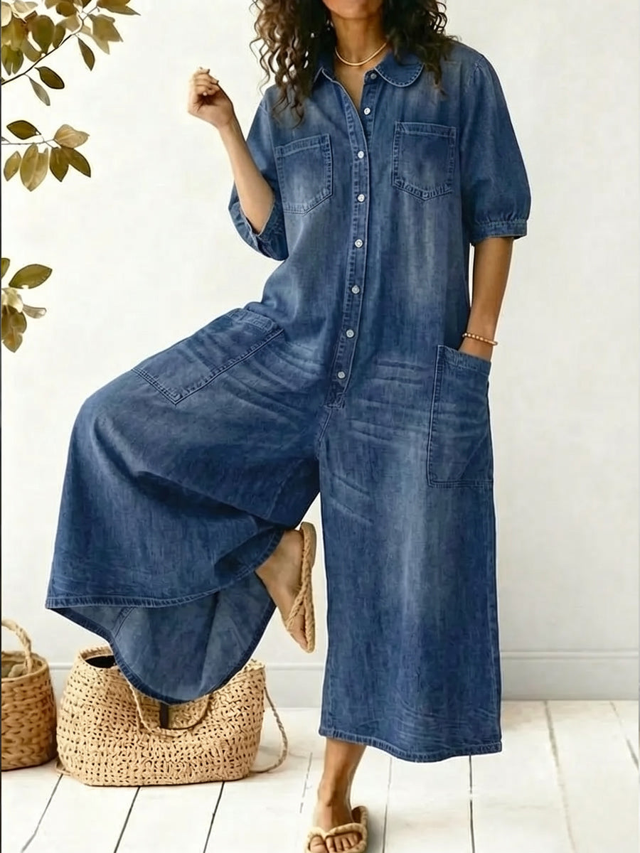 Women's Casual Peter Pan Collar Cotton Denim Wide-leg Jumpsuit