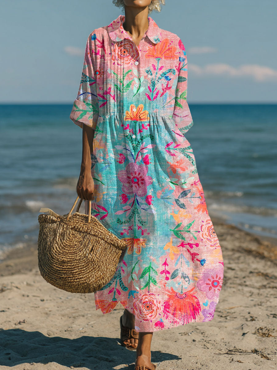 Women's Vintage Flower Art Print Pleated Casual Dress