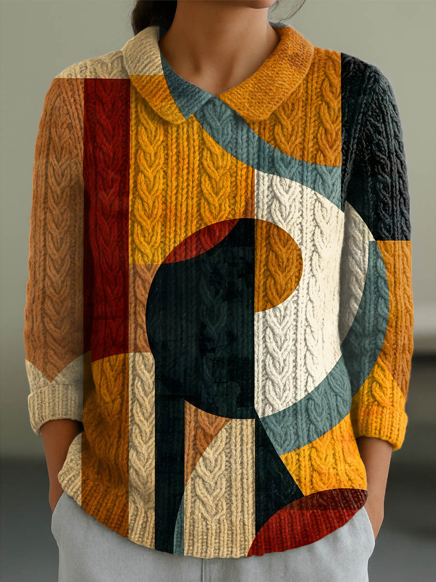 womens-geometric-pattern-art-print-casual-peter-pan-collar-3-4-sleeve-sweater-s24x