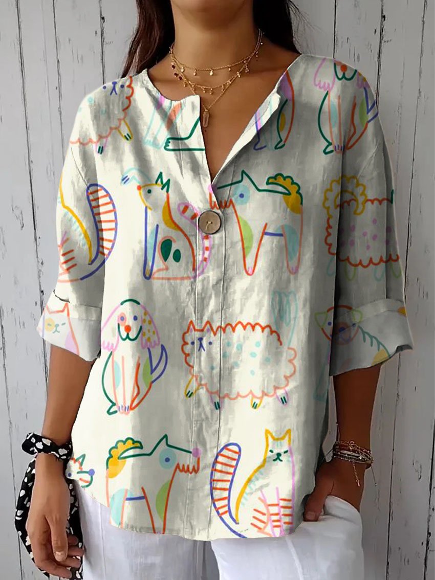 Women's Vintage Lovely Animals Art Print Casual Cotton Linen Shirt
