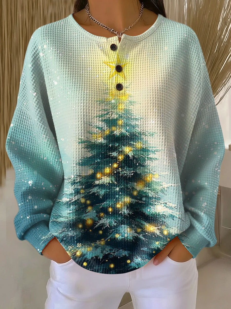 Women's Christmas Tree Pattern Art Print Casual Waffle Henry Collar Sweatshirt
