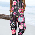 Women's Vintag Flower Art Print Casual 100% Cotton Wide Leg Jumpsuit
