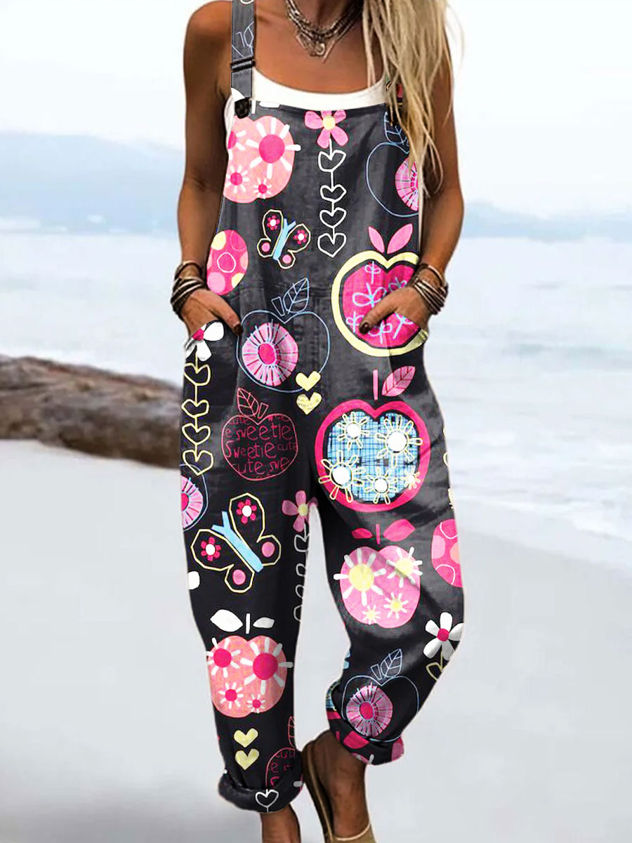 Women's Vintag Flower Art Print Casual 100% Cotton Wide Leg Jumpsuit