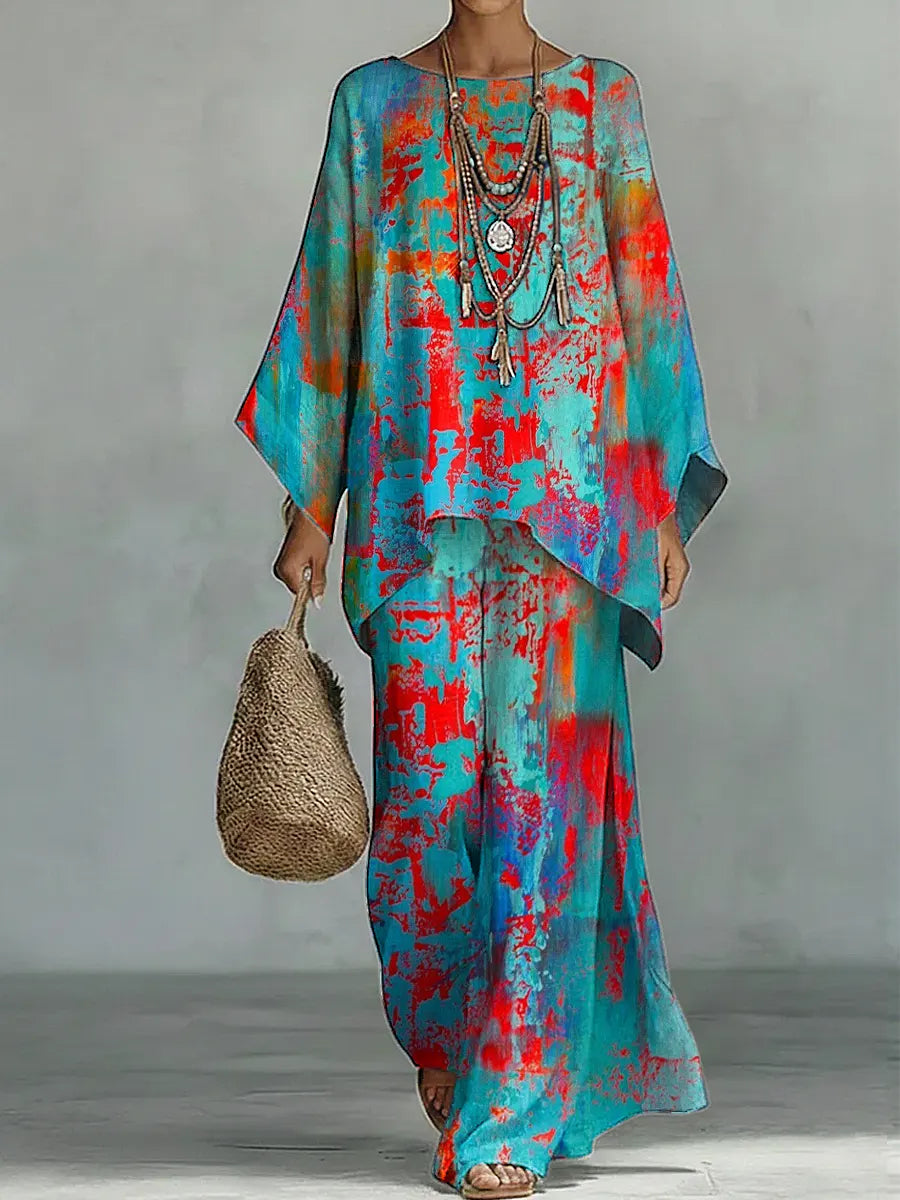 Women's Vintage Art Comfortable Loose Cotton Linen Wide-leg Pants Two-piece Set