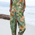 Women's Vintage Floral Art Print Casual 100% Cotton Wide Leg Jumpsuit