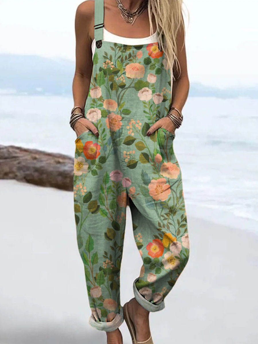 Women's Vintage Floral Art Print Casual 100% Cotton Wide Leg Jumpsuit