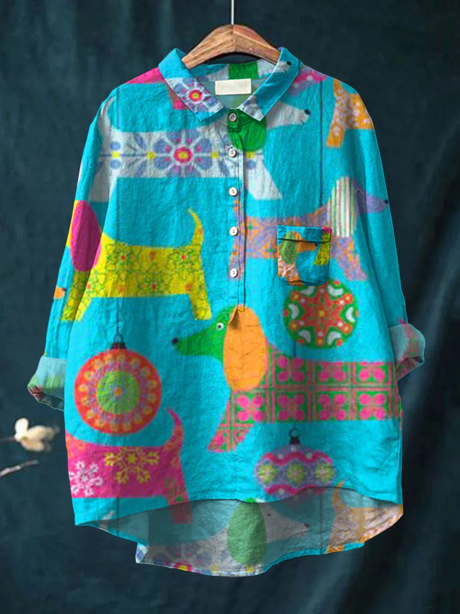 Women's Dachshund Art Print Casual Cotton And Linen Shirt
