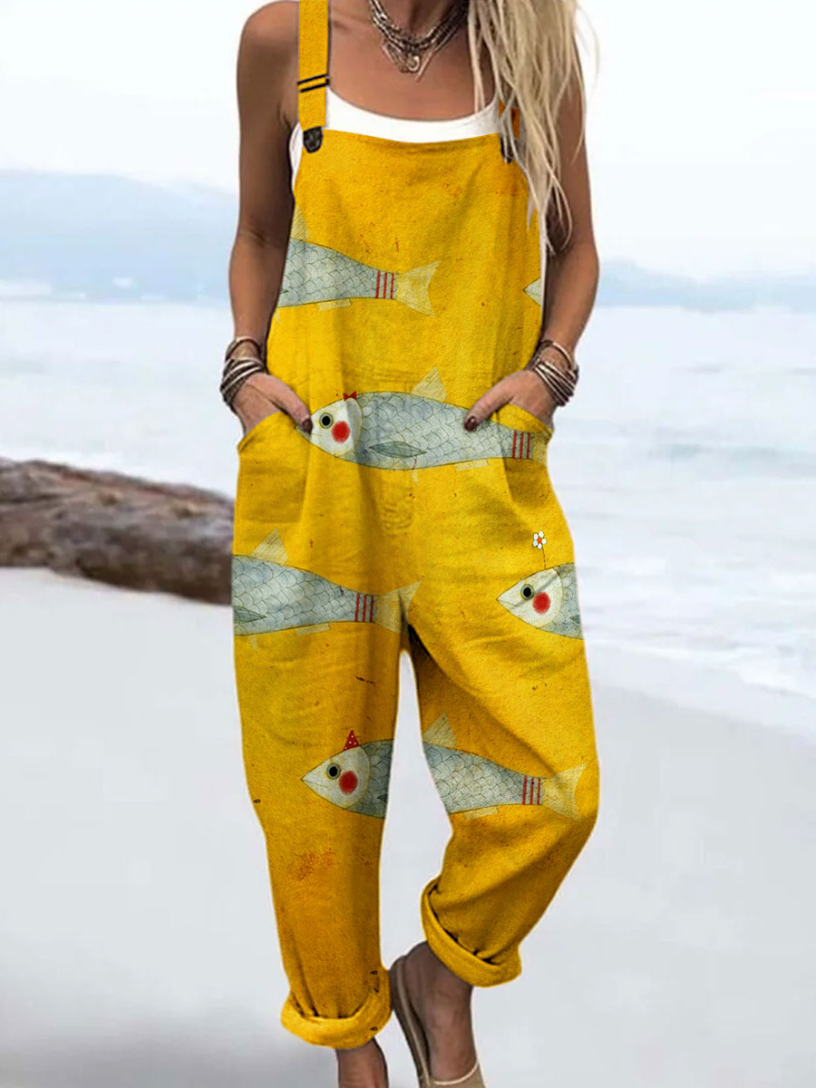 Women's Vintage Fish Sardines Art Print Casual 100% Cotton Wide Leg Jumpsuit