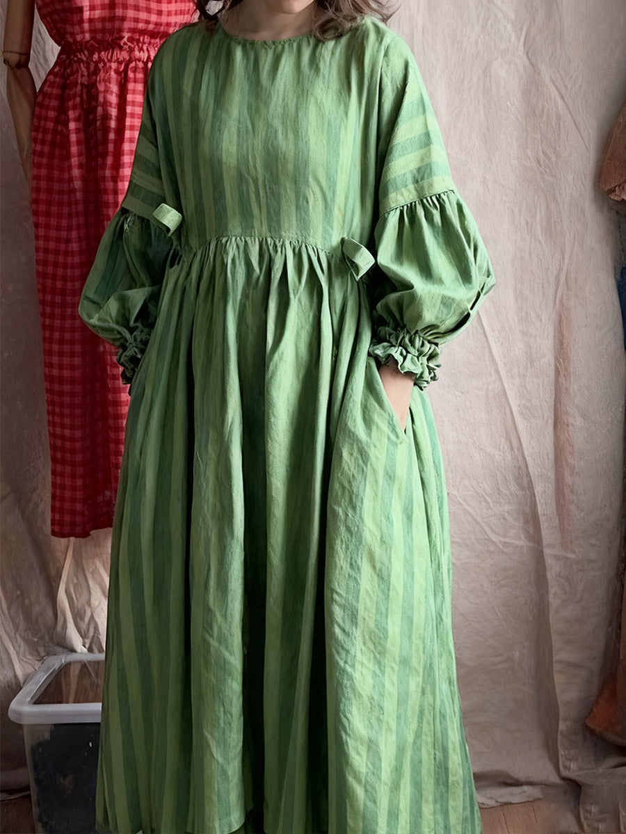 Women's Cotton And Linen Plaid Lantern Sleeve Dress