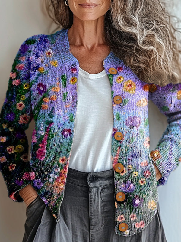 Beautiful Colorful Floral Painting Art Print Buttoned Cardigan Sweater