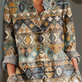 Women's Vintage Ethnic Diamond Geometric Pattern Painting Art Print Casual Cotton And Linen Ruffle Shirt