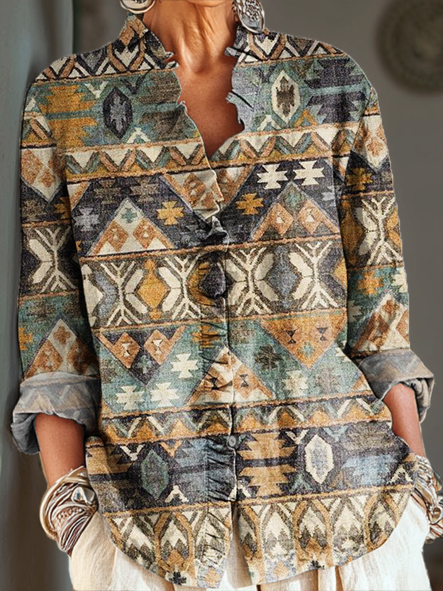 Women's Vintage Ethnic Diamond Geometric Pattern Painting Art Print Casual Cotton And Linen Ruffle Shirt