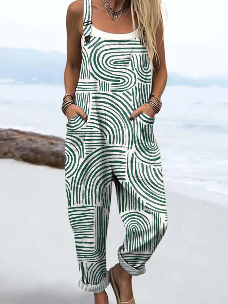 Women's Geometric Line Pattern Art Print Casual 100% Cotton Wide Leg Jumpsuit