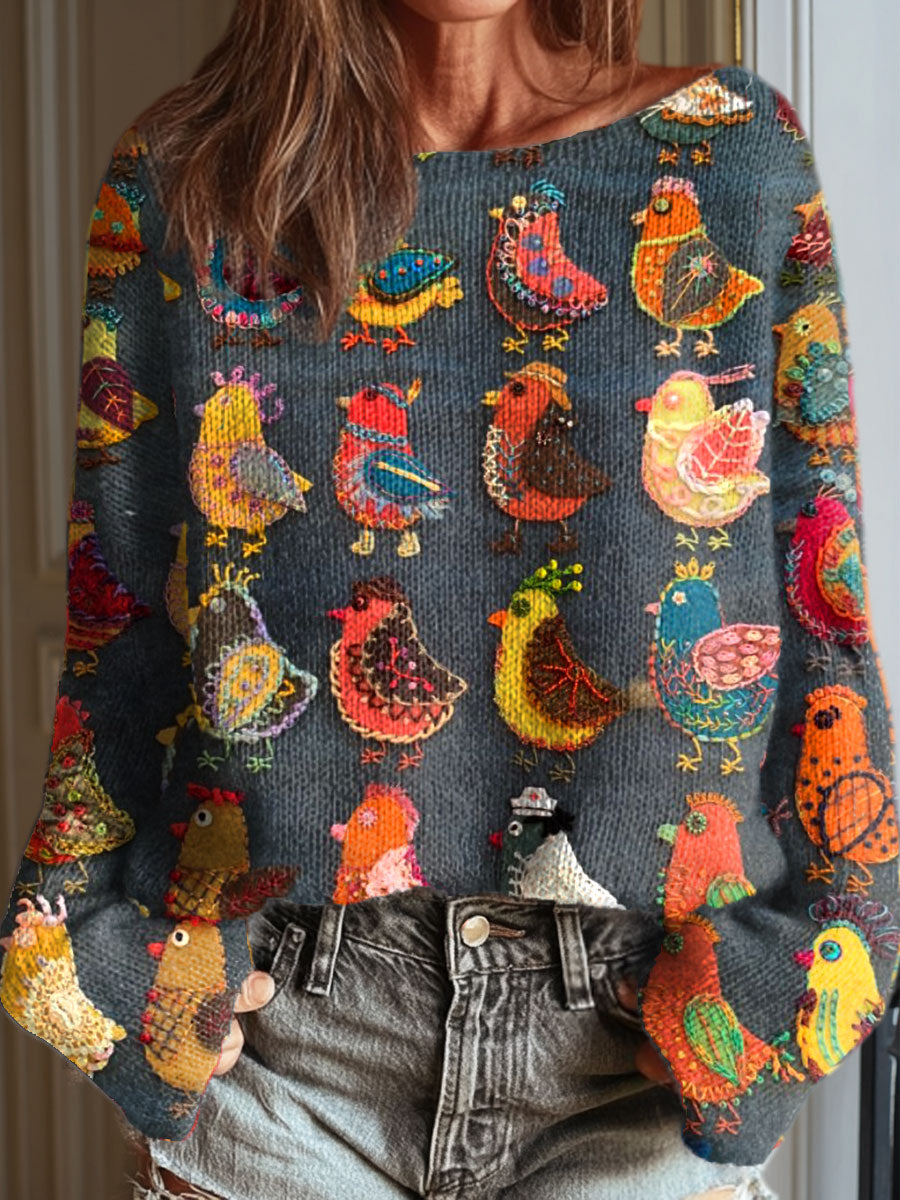 Women's Funny Chicken Art Print Casual Pullover Sweater