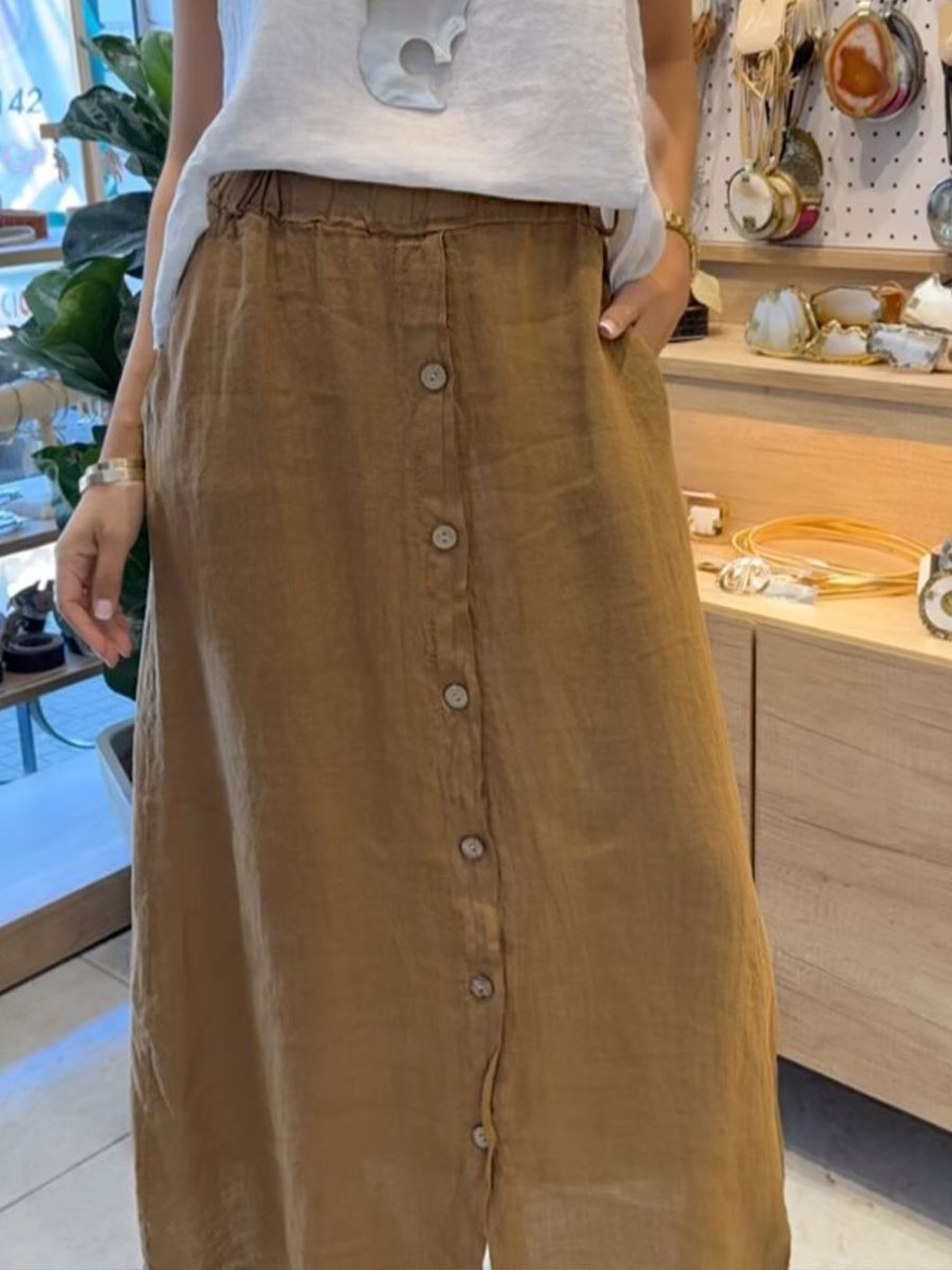 Women's Solid Color Elastic Waist Buttons Casual Pockets Linen Skirt