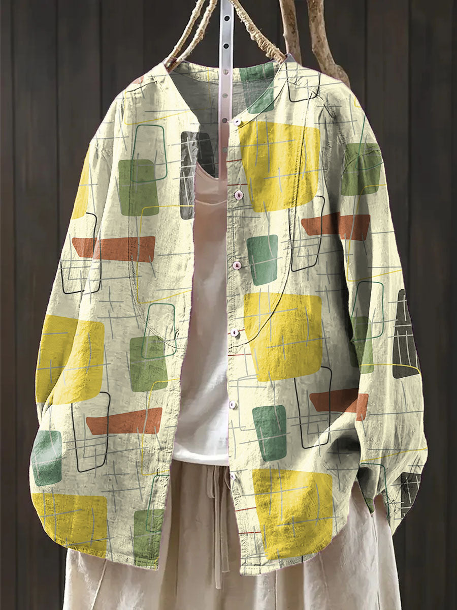 Women's Geometric Art Print Casual Cotton And Linen Shirt