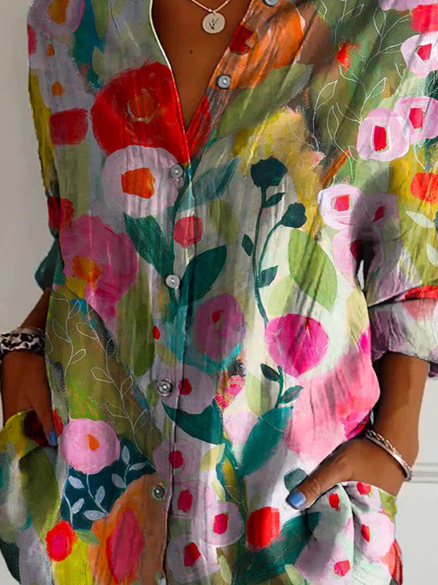 Women's Lovely Floral Art Print Casual Cotton Shirt