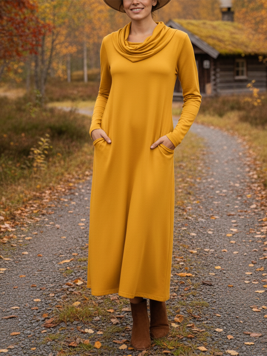 Women's Elegant Pile Neck Pocket Solid Color Knitted Dress