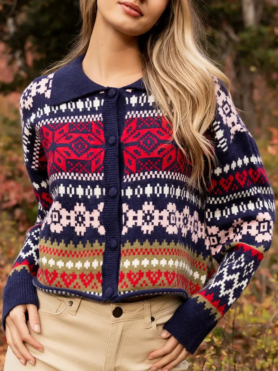 Women's Geometric Print Lapel Long-sleeved Casual Loose Knit Cardigan