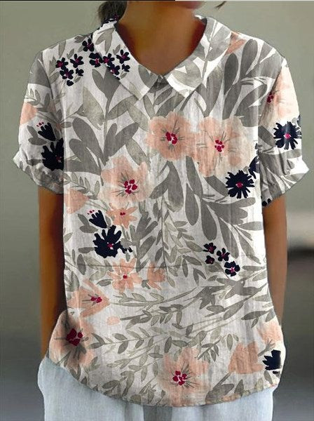 Women's Flower Art Print Casual Cotton And Linen Shirt