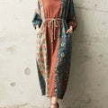 Women's Retro Floral Turtleneck Long Sleeve Casual Loose Linen Dress