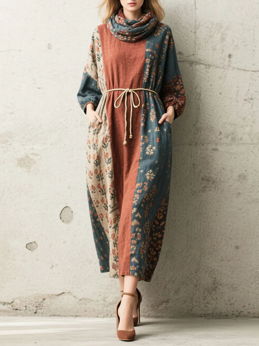 Women's Retro Floral Turtleneck Long Sleeve Casual Loose Linen Dress