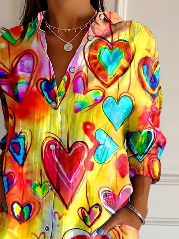 Women's Heart Art Leave Print Casual Cotton Shirt