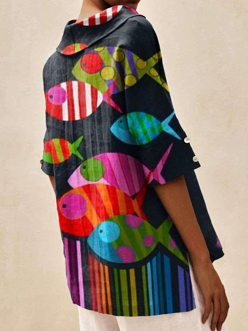 Women's Fish Art Print Casual Linen V-neck Shirt