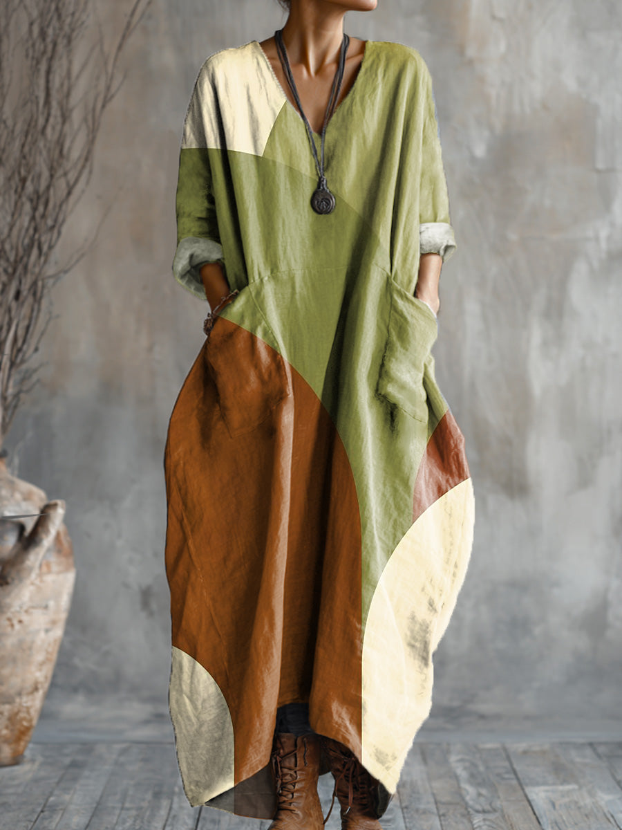 Women's Abstract Colorful Geometric Color Block Painting Art Print  Pocket V-neck Cotton Dress