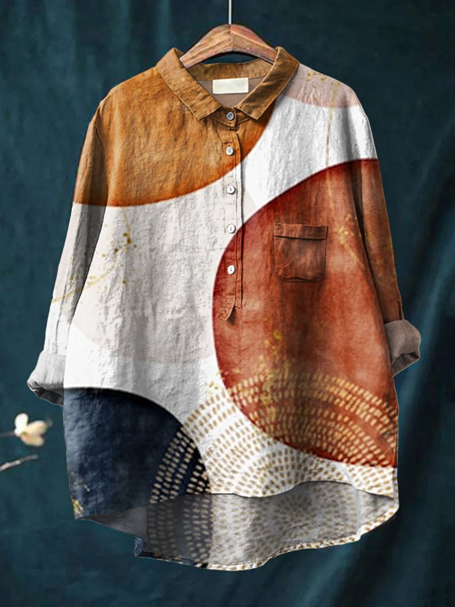Women's Circle Geometry Art Print Casual Cotton And Linen Shirt