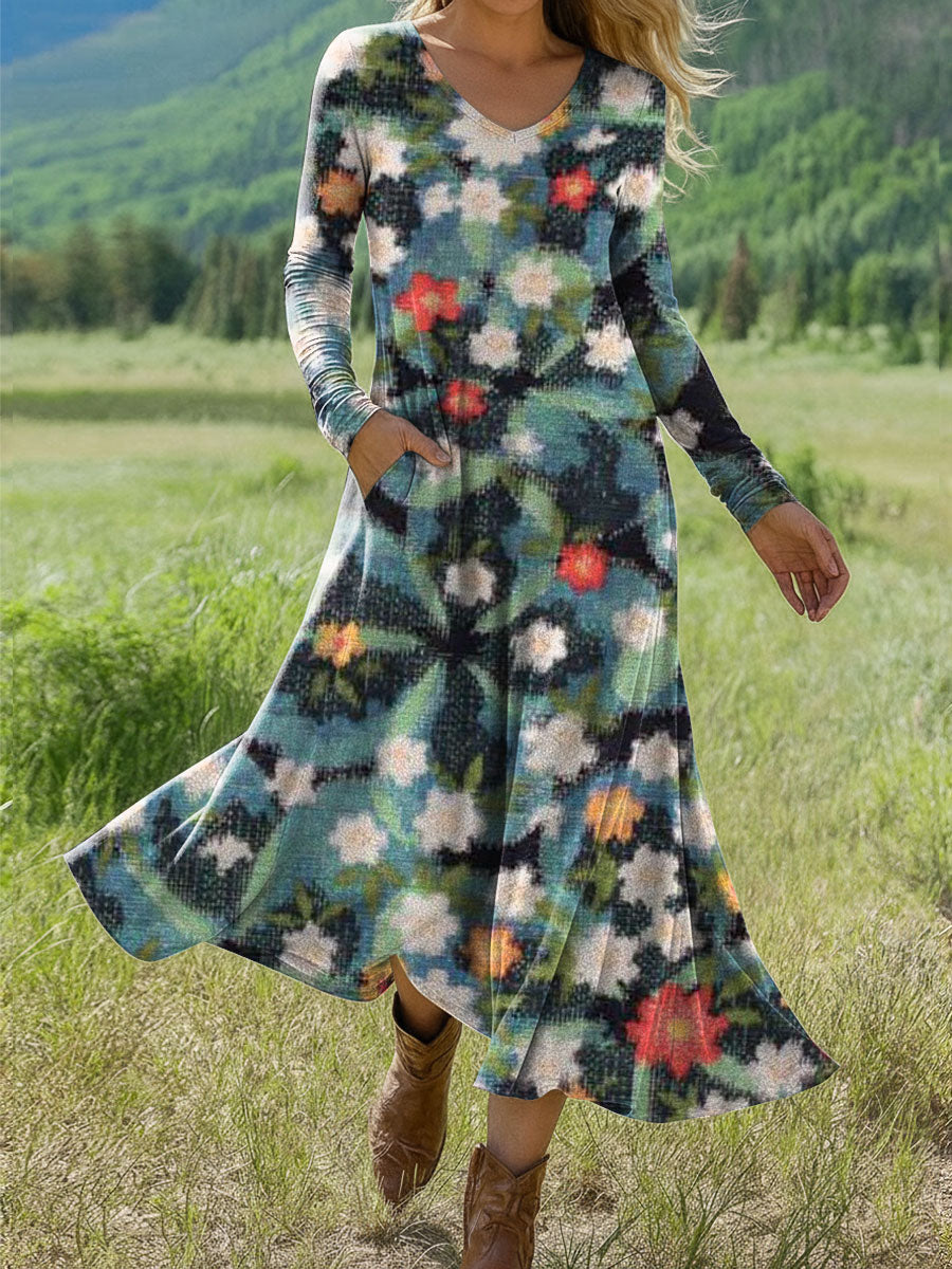 Women's Retro Flowers Pattern Print Art Print Long-sleeved Dress