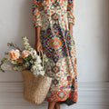 Women's Vintage Flower Art Print Linen Pocket Tunic Dress