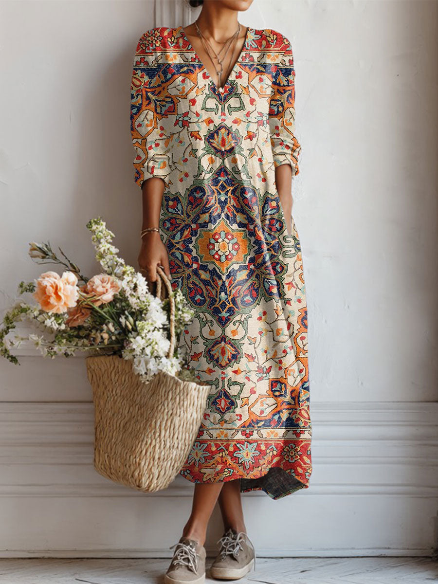 Women's Vintage Flower Art Print Linen Pocket Tunic Dress