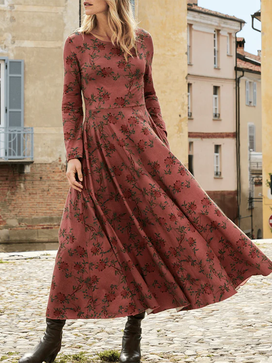 Autumn Garden Vintage Print Soft Crew Neck Dress