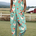 Women's Artistic Creative Chick Flowers Print Casual 100% Cotton Wide Leg Jumpsuit