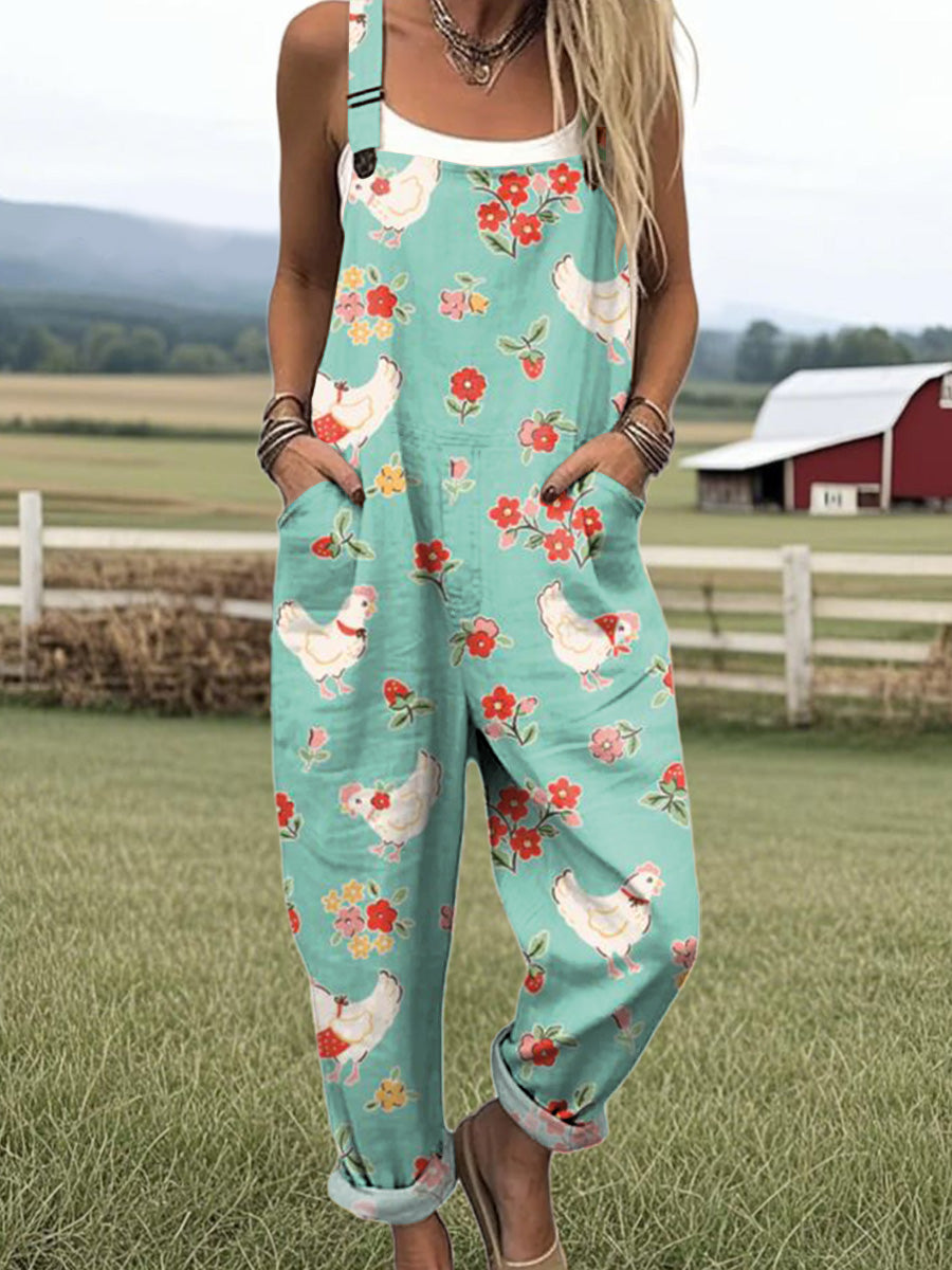 Women's Artistic Creative Chick Flowers Print Casual 100% Cotton Wide Leg Jumpsuit