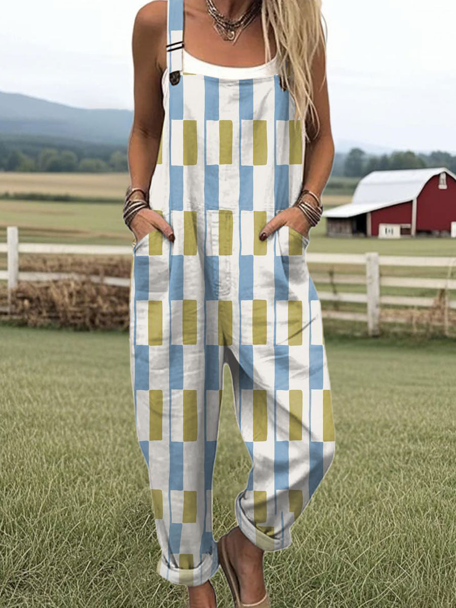 Women's Vintage Abstract Geometric Art Print Casual 100% Cotton Wide Leg Jumpsuit