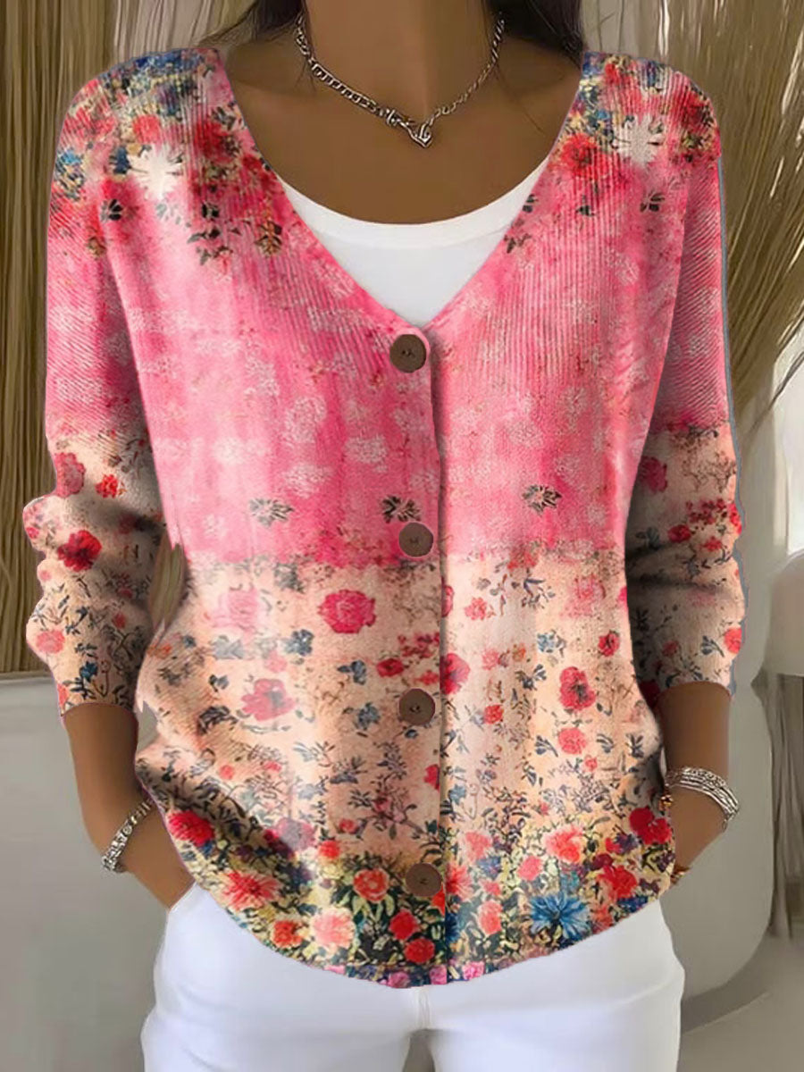 Colorful Flower Field Print Buttoned V-neck Cardigan Sweater