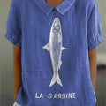 Sardine Fish Graphic Printed Women's Casual Cotton And Linen Shirt