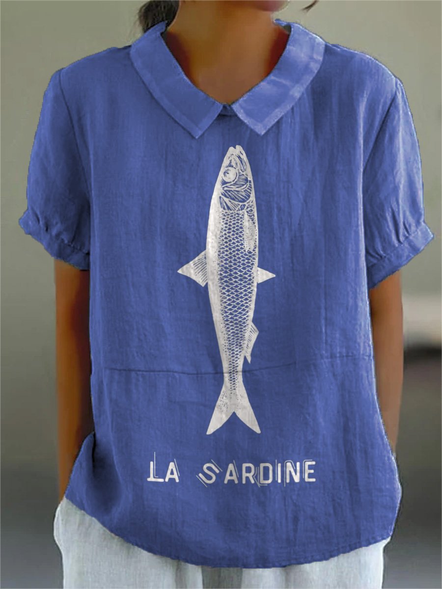 Sardine Fish Graphic Printed Women's Casual Cotton And Linen Shirt